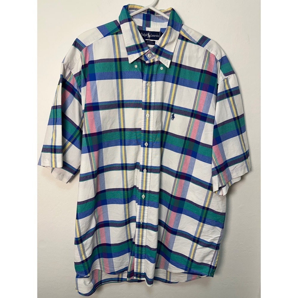 Ralph Lauren Mens Plaid Short Sleeve Button Down Shirt XL 100% Cotton